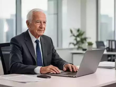 Ein älterer Mitarbeiter arbeitet an einem modernen Schreibtisch in einem hellen Büro. - Foto: über boerse-global.de