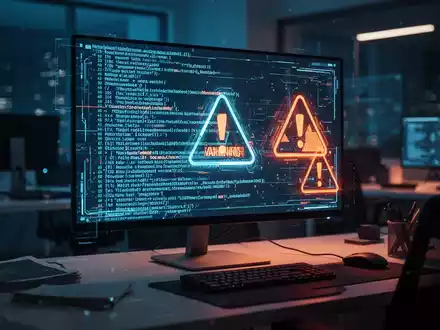 Ein beleuchteter Computerbildschirm mit abstraktem Programmcode und Warnsymbolen in einer dunklen Büroumgebung. - Foto: über boerse-global.de