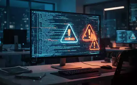 Ein beleuchteter Computerbildschirm mit abstraktem Programmcode und Warnsymbolen in einer dunklen Büroumgebung. - Foto: über boerse-global.de