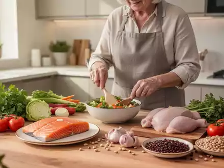 Eine Person über 50 bereitet eine proteinreiche Mahlzeit mit frischem Lachs, Geflügel und Gemüse in einer hellen Küche zu. - Foto: über boerse-global.de