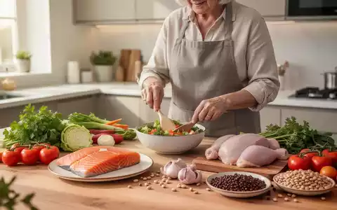 Eine Person über 50 bereitet eine proteinreiche Mahlzeit mit frischem Lachs, Geflügel und Gemüse in einer hellen Küche zu. - Foto: über boerse-global.de