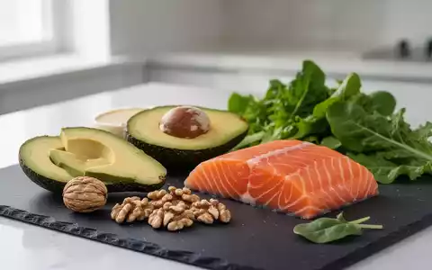 Eine Auswahl gesunder ketogener Lebensmittel wie Avocado, Nüsse und Lachs auf einer dunklen Schieferplatte. - Foto: über boerse-global.de