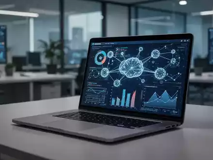 Moderner Laptop mit Datenvisualisierungen und KI-Netzwerkgrafiken in einem professionellen Büroumfeld. - Foto: über boerse-global.de
