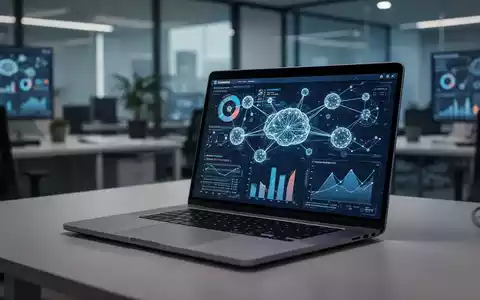 Moderner Laptop mit Datenvisualisierungen und KI-Netzwerkgrafiken in einem professionellen Büroumfeld. - Foto: über boerse-global.de