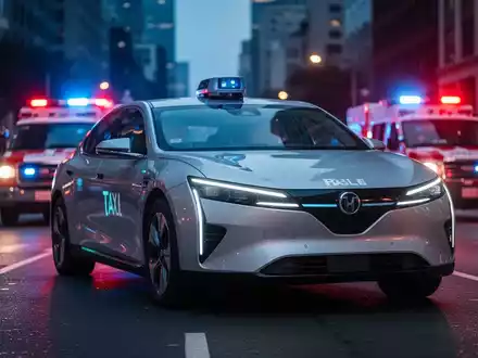 Autonomes Robotaxi hält auf einer Stadtstraße, im Hintergrund blinken Einsatzfahrzeuglichter. - Foto: über boerse-global.de