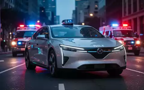 Autonomes Robotaxi hält auf einer Stadtstraße, im Hintergrund blinken Einsatzfahrzeuglichter. - Foto: über boerse-global.de