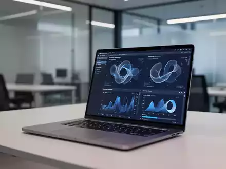 Moderner, eleganter Büroarbeitsplatz mit Laptop, der professionelle Software und Datenvisualisierung zeigt. - Foto: über boerse-global.de