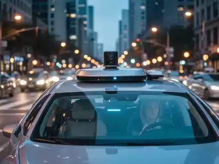 Ein modernes autonomes Robotaxi fährt bei Dämmerung durch eine belebte Stadtkreuzung. - Foto: über boerse-global.de