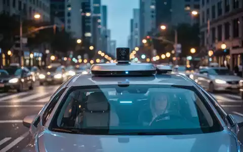 Ein modernes autonomes Robotaxi fährt bei Dämmerung durch eine belebte Stadtkreuzung. - Foto: über boerse-global.de