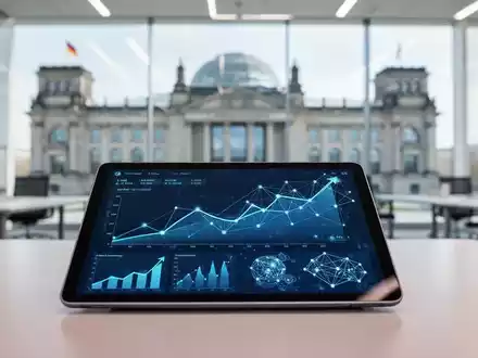 Digitale Finanzgrafiken und Datenvisualisierungen vor dem unscharfen Berliner Reichstagsgebäude. - Foto: über boerse-global.de