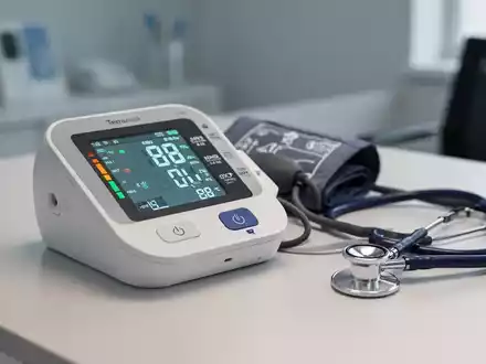 Digitales Blutdruckmessgerät und Stethoskop auf einem Schreibtisch als Symbol für präventive Herz-Kreislauf-Medizin. - Foto: über boerse-global.de