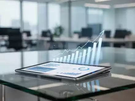 Ein digitaler Tablet-Bildschirm zeigt aufsteigende Gehaltsstatistiken und Diagramme in einem modernen Büro. - Foto: über boerse-global.de