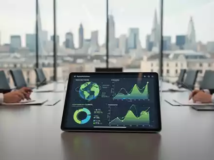 Modernes Büro mit Datenvisualisierungen zu Nachhaltigkeit und Klimatransitionsplänen auf einem Tablet. - Foto: über boerse-global.de
