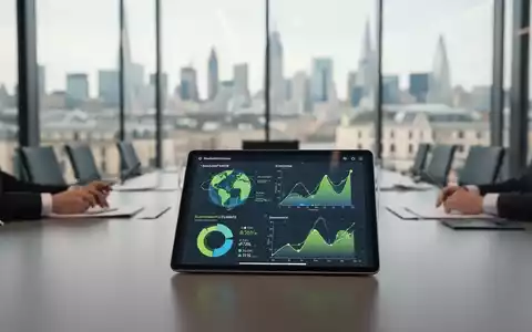Modernes Büro mit Datenvisualisierungen zu Nachhaltigkeit und Klimatransitionsplänen auf einem Tablet. - Foto: über boerse-global.de