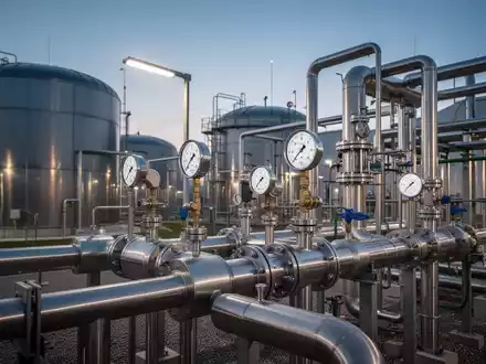 Moderne Biogasanlage mit technischer Infrastruktur, Rohrleitungen und Druckmessgeräten in einer Industrieumgebung. - Foto: über boerse-global.de