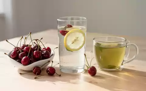 Gesunde Lebensmittel wie Kirschen, Zitronenwasser und grüner Tee auf einem Holztisch als Symbol für natürliche Ernährung. - Foto: über boerse-global.de