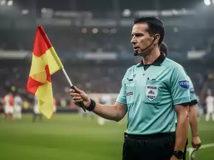 Ein Schiedsrichter-Assistent auf dem Spielfeld in einem Stadion während eines Fußballspiels. - Foto: über boerse-global.de