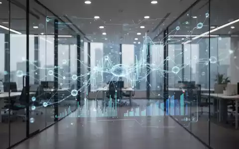 Abstraktes digitales Interface mit Datenströmen und neuronalen Netzwerken in einem modernen Bürogebäude. - Foto: über boerse-global.de