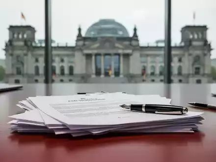Ein Schreibtisch mit Dokumenten und einem Füllfederhalter vor dem unscharfen Hintergrund des Reichstagsgebäudes. - Foto: über boerse-global.de