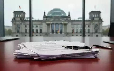 Ein Schreibtisch mit Dokumenten und einem Füllfederhalter vor dem unscharfen Hintergrund des Reichstagsgebäudes. - Foto: über boerse-global.de