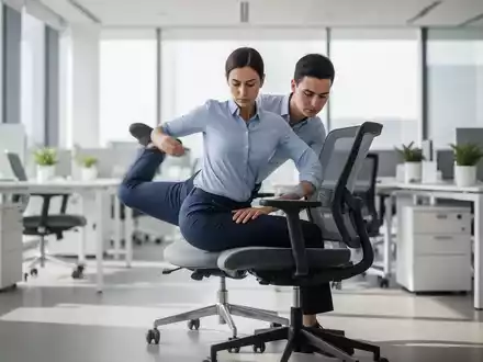 Eine Person führt in moderner Büroumgebung eine gezielte Mobilisationsübung auf einem ergonomischen Stuhl durch. - Foto: über boerse-global.de