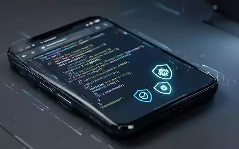 Smartphone mit Android-Entwicklungscode und Sicherheits-Icons auf dem Display in einer modernen Büroumgebung. - Foto: über boerse-global.de