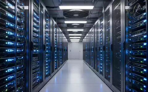 Moderne Hochdichte-Rechenzentrum-Serverracks mit blauen Leuchten für KI-Infrastruktur - Foto: über boerse-global.de