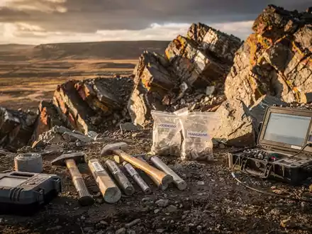 Geologisches Untersuchungsgebiet mit Gesteinsproben in einer rauen Landschaft für Bergbau- und Rohstoffanalysen. - Foto: über boerse-global.de