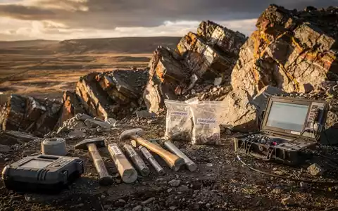 Geologisches Untersuchungsgebiet mit Gesteinsproben in einer rauen Landschaft für Bergbau- und Rohstoffanalysen. - Foto: über boerse-global.de