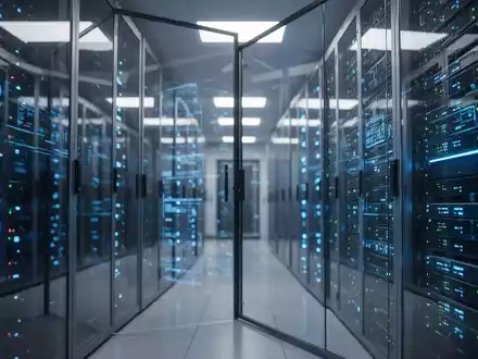 Moderne Serverracks in einem Rechenzentrum mit leuchtenden blauen Statusanzeigen. - Foto: über boerse-global.de