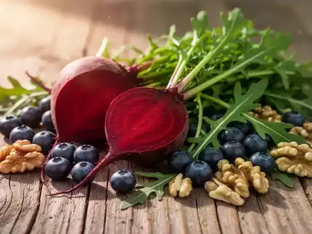 Frisches Gemüse, Beeren und Nüsse auf einem Holztisch als Symbol für eine blutdrucksenkende Ernährung. - Foto: über boerse-global.de