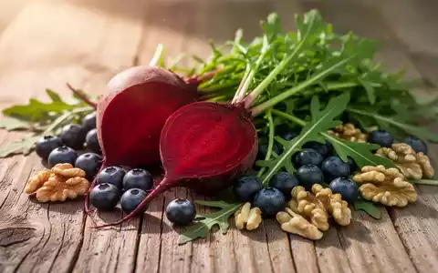 Frisches Gemüse, Beeren und Nüsse auf einem Holztisch als Symbol für eine blutdrucksenkende Ernährung. - Foto: über boerse-global.de