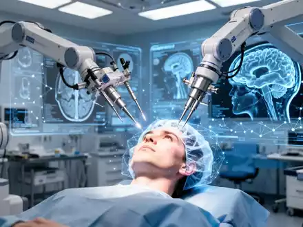 Ein hochmoderner Operationssaal mit einem robotergestützten chirurgischen System und digitalen Datenvisualisierungen. - Foto: über boerse-global.de