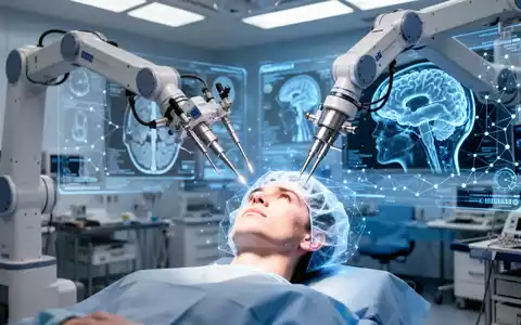 Ein hochmoderner Operationssaal mit einem robotergestützten chirurgischen System und digitalen Datenvisualisierungen. - Foto: über boerse-global.de