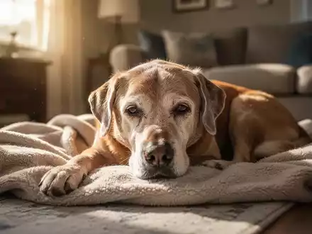 Ein älterer Hund ruht entspannt auf einer weichen Decke in einem sonnendurchfluteten Raum. - Foto: über boerse-global.de