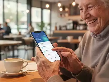 Ein älterer Mensch betrachtet entspannt digitale Tickets auf einem Smartphone in einem hellen Café. - Foto: über boerse-global.de