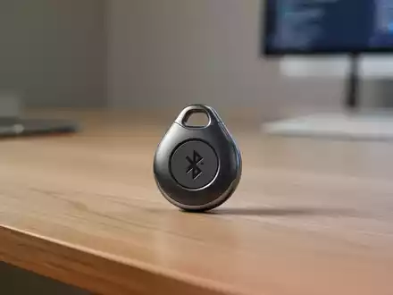 Ein moderner Bluetooth-Tracker liegt auf einem hölzernen Schreibtisch unter weichem Licht. - Foto: über boerse-global.de
