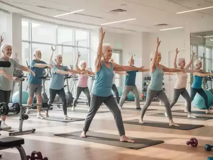 Eine Gruppe von Senioren bei einer Yoga-Übung in einem hellen, modernen Fitnessraum einer Volkshochschule. - Foto: über boerse-global.de