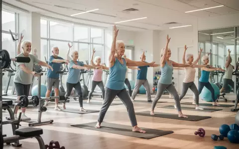 Eine Gruppe von Senioren bei einer Yoga-Übung in einem hellen, modernen Fitnessraum einer Volkshochschule. - Foto: über boerse-global.de