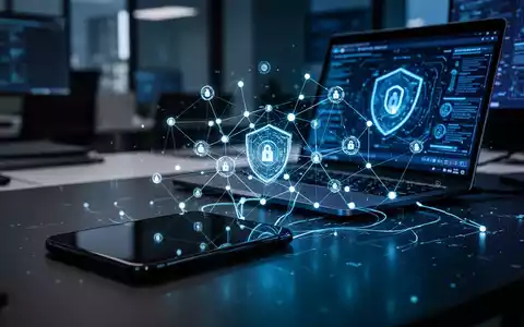 Smartphone und Laptop mit leuchtenden Netzwerkknoten als Symbol für Cyber-Sicherheit und digitale Bedrohungen. - Foto: über boerse-global.de