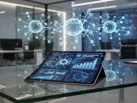 Ein moderner Büroarbeitsplatz mit einem Tablet, das komplexe Datenströme und automatisierte juristische Prozesse visualisiert. - Foto: über boerse-global.de