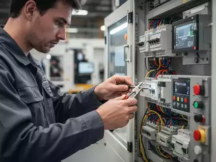 Ein Techniker führt präzise Elektroarbeiten an einem industriellen Schaltschrank in einer modernen Fertigungsumgebung aus. - Foto: über boerse-global.de