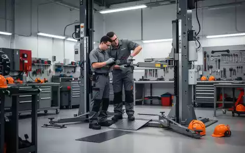 Ein Kfz-Mechatroniker bei der Sicherheitsprüfung einer Hebebühne in einer modernen Werkstatt. - Foto: über boerse-global.de