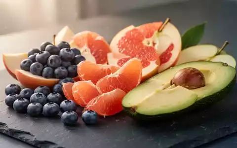 Frische Auswahl an Beeren, Grapefruits, Äpfeln und Avocados auf einem dunklen Steintisch als Symbol für Lebergesundheit. - Foto: über boerse-global.de