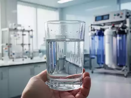 Ein Glas mit klarem Trinkwasser vor einem verschwommenen Hintergrund mit moderner Wasseraufbereitungstechnologie. - Foto: über boerse-global.de