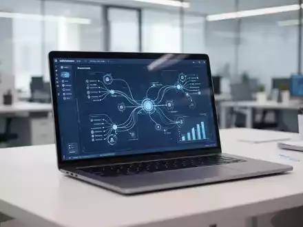 Moderner Laptop-Bildschirm mit Datenintegrations-Workflows und Konnektivitätsknoten in professionellem Büro. - Foto: über boerse-global.de
