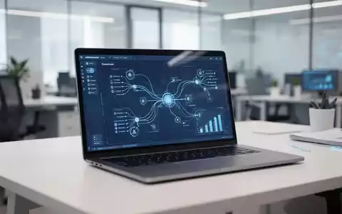 Moderner Laptop-Bildschirm mit Datenintegrations-Workflows und Konnektivitätsknoten in professionellem Büro. - Foto: über boerse-global.de