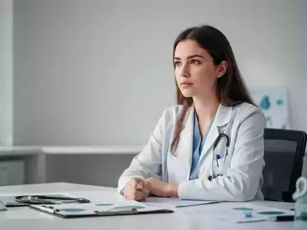 Eine junge Frau sitzt nachdenklich an einem modernen Schreibtisch in einer professionellen Büroumgebung. - Foto: über boerse-global.de