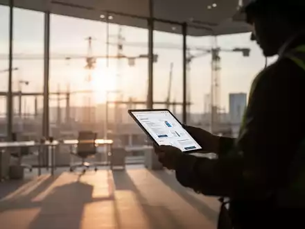Ein Arbeiter mit Tablet auf einer Baustelle bei Sonnenaufgang, symbolisch für die Dokumentation von Arbeitszeiten. - Foto: über boerse-global.de