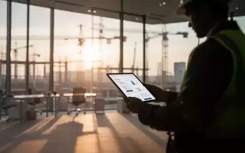Ein Arbeiter mit Tablet auf einer Baustelle bei Sonnenaufgang, symbolisch für die Dokumentation von Arbeitszeiten. - Foto: über boerse-global.de